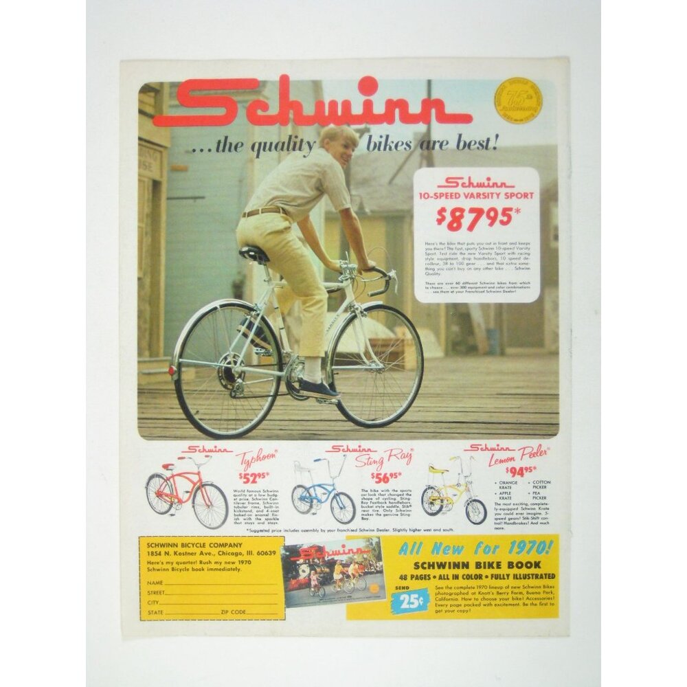 Schwinn 1970 Vintage Ad Varsity Sport Bike Typhoon Lemon Peeler Styles AD